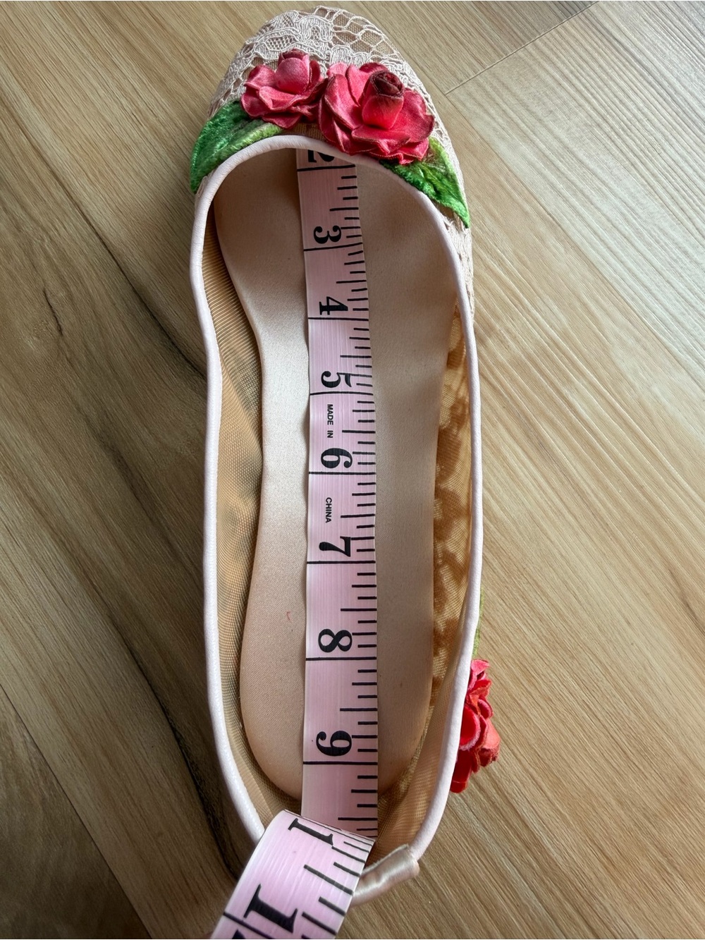 Dolce & Gabbana Beige Lace Ballet Flats with Pink Trim and Red Floral Appliqué - Picture 16 of 17